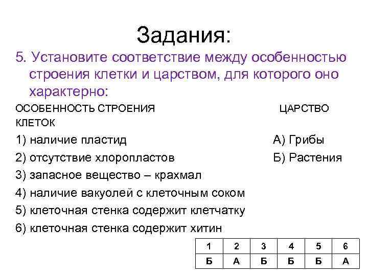 Задания: 5. Установите соответствие между особенностью строения клетки и царством, для которого оно характерно: