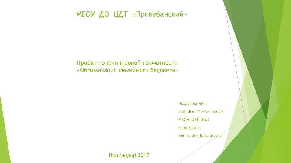 МБОУ ДО ЦДТ «Прикубанский» Проект по финансовой грамотности «Оптимизация семейного бюджета» Подготовили: Ученицы 11