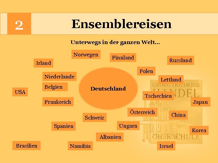 2 Ensemblereisen Unterwegs in der ganzen Welt… Norwegen Finnland Irland Polen Niederlande USA Belgien