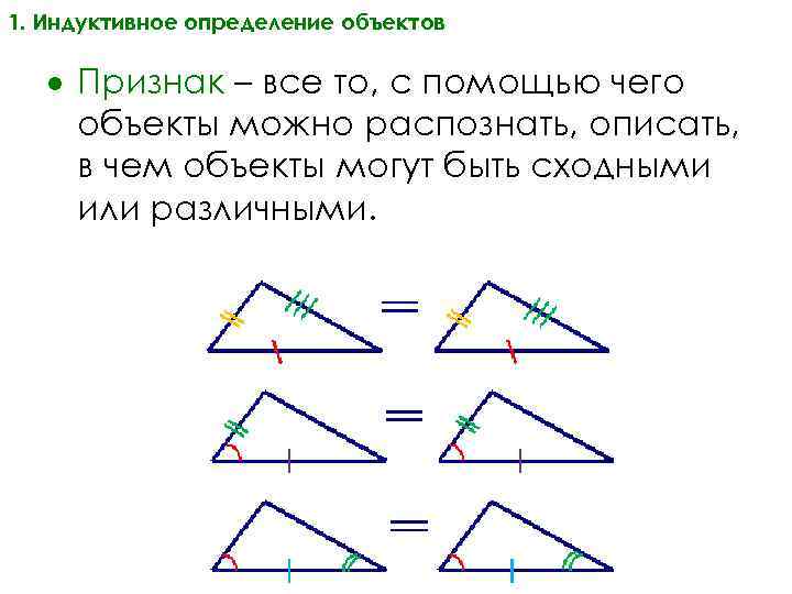 1. Индуктивное определение объектов Признак – все то, с помощью чего объекты можно распознать,