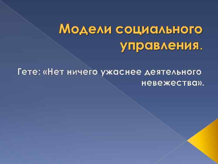 Модели социального управления. Гете: «Нет ничего ужаснее деятельного невежества» . 