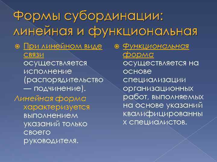 Формы субординации: линейная и функциональная При линейном виде связи осуществляется исполнение (распорядительство — подчинение).
