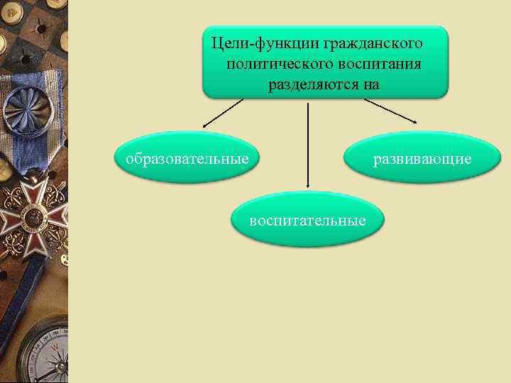 Цели-функции гражданского политического воспитания разделяются на образовательные развивающие воспитательные 