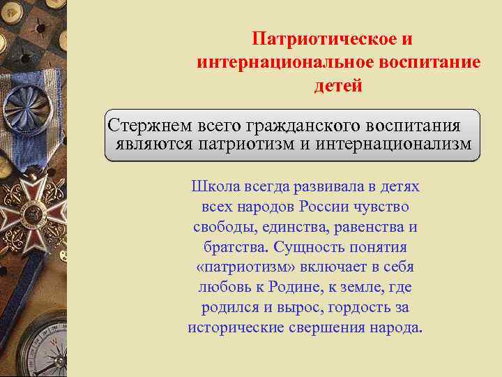 Патриотическое и интернациональное воспитание детей Стержнем всего гражданского воспитания являются патриотизм и интернационализм Школа