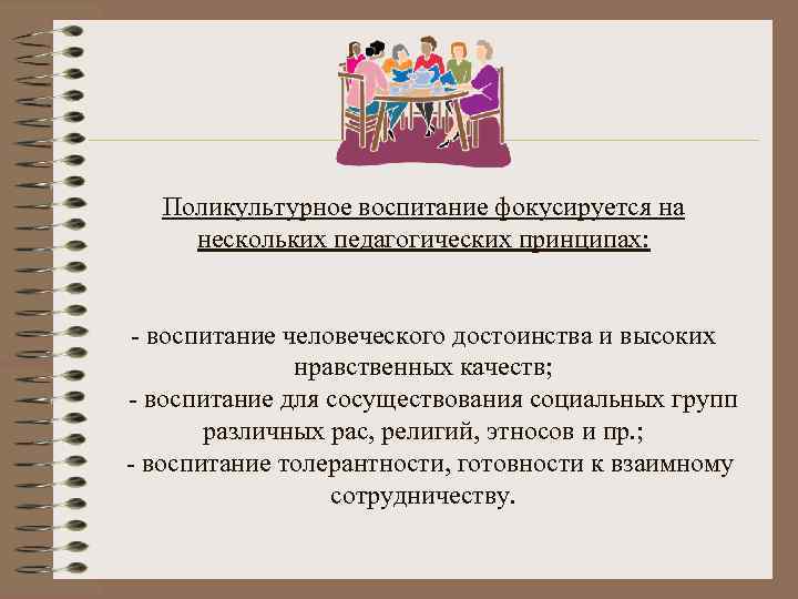 Поликультурное воспитание фокусируется на нескольких педагогических принципах: - воспитание человеческого достоинства и высоких нравственных