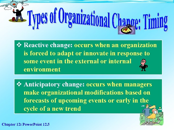 v Reactive change: occurs when an organization is forced to adapt or innovate in