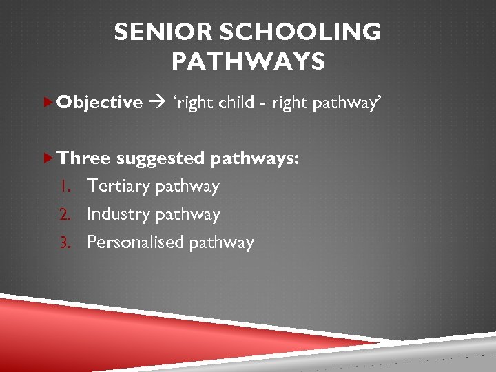 SENIOR SCHOOLING PATHWAYS Objective ‘right child - right pathway’ Three suggested pathways: 1. Tertiary