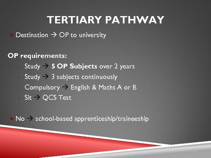 TERTIARY PATHWAY Destination OP to university OP requirements: - Study 5 OP Subjects over