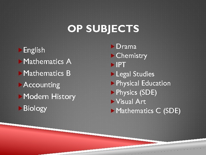 OP SUBJECTS English Mathematics A Mathematics B Accounting Modern History Biology Drama Chemistry IPT