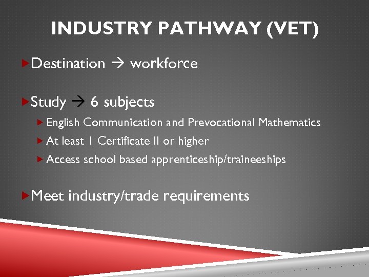 INDUSTRY PATHWAY (VET) Destination workforce Study 6 subjects English Communication and Prevocational Mathematics At