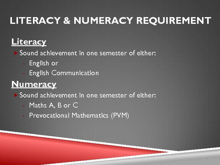LITERACY & NUMERACY REQUIREMENT Literacy Sound achievement in one semester of either: - English