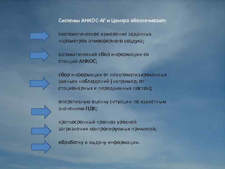 Системы АНКОС-АГ и Центра обеспечивают: систематическое измерение заданных параметров атмосферного воздуха; автоматический сбор информации