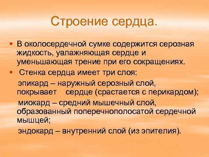 Строение сердца. § В околосердечной сумке содержится серозная жидкость, увлажняющая сердце и уменьшающая трение