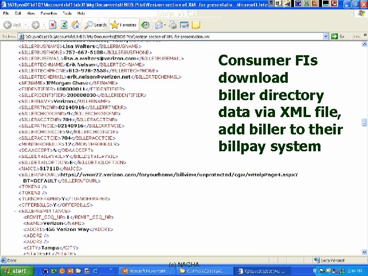 Consumer FIs download biller directory data via XML file, add biller to their billpay