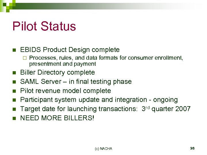 Pilot Status n EBIDS Product Design complete ¨ n n n Processes, rules, and