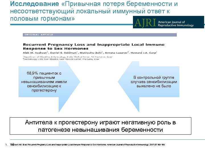 Исследование «Привычная потеря беременности и несоответствующий локальный иммунный ответ к половым гормонам» 68, 9%