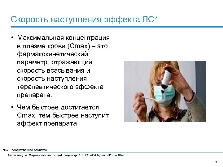 Скорость наступления эффекта ЛС* • Максимальная концентрация в плазме крови (Cmax) – это фармакокинетический