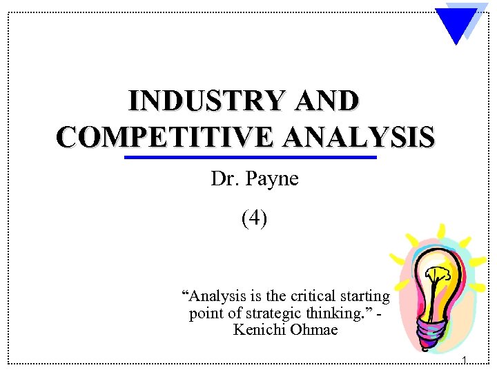 INDUSTRY AND COMPETITIVE ANALYSIS Dr. Payne (4) “Analysis is the critical starting point of
