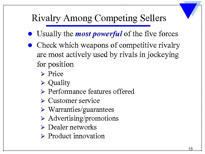 Rivalry Among Competing Sellers Usually the most powerful of the five forces l Check