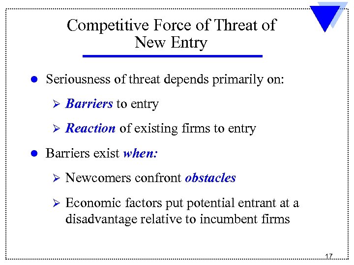 Competitive Force of Threat of New Entry l Seriousness of threat depends primarily on: