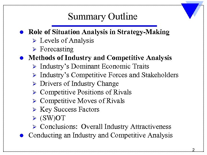 Summary Outline Role of Situation Analysis in Strategy-Making Ø Levels of Analysis Ø Forecasting