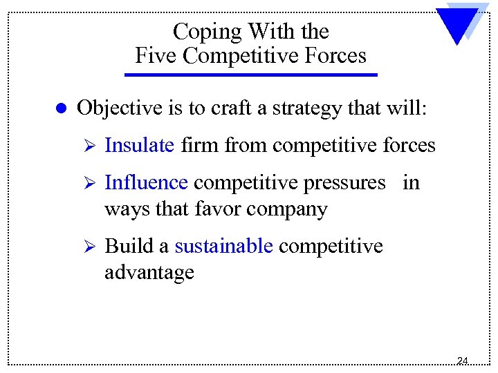 Coping With the Five Competitive Forces l Objective is to craft a strategy that