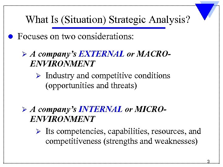 What Is (Situation) Strategic Analysis? l Focuses on two considerations: Ø A company’s EXTERNAL