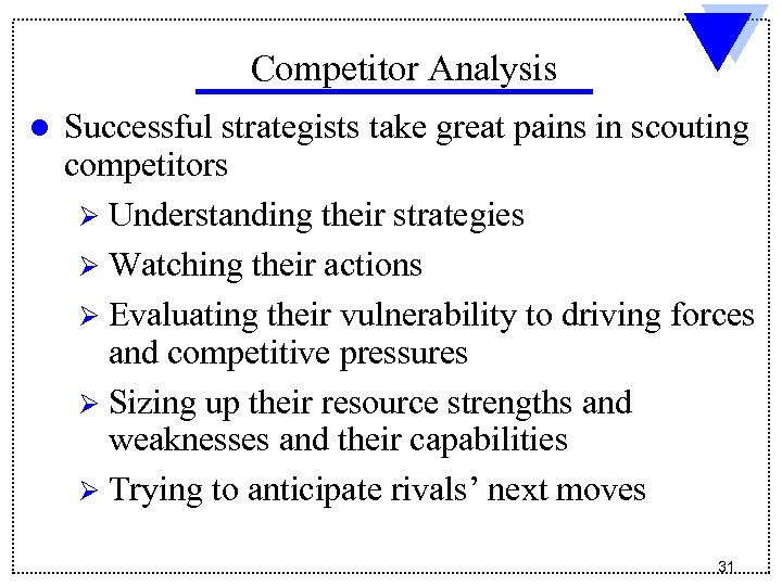 Competitor Analysis l Successful strategists take great pains in scouting competitors Ø Understanding their