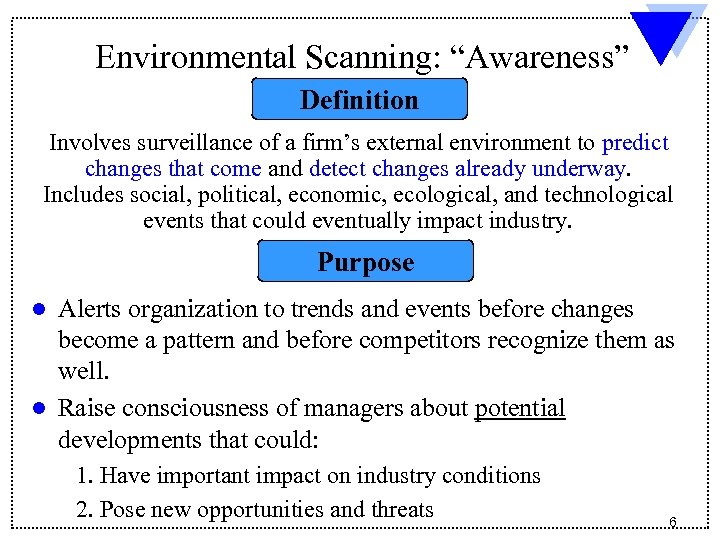 Environmental Scanning: “Awareness” Definition Involves surveillance of a firm’s external environment to predict changes