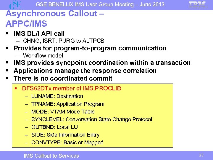 GSE BENELUX IMS User Group Meeting – June 2013 Asynchronous Callout – APPC/IMS §