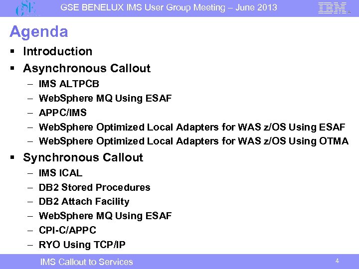 GSE BENELUX IMS User Group Meeting – June 2013 Agenda § Introduction § Asynchronous