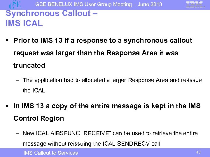 GSE BENELUX IMS User Group Meeting – June 2013 Synchronous Callout – IMS ICAL