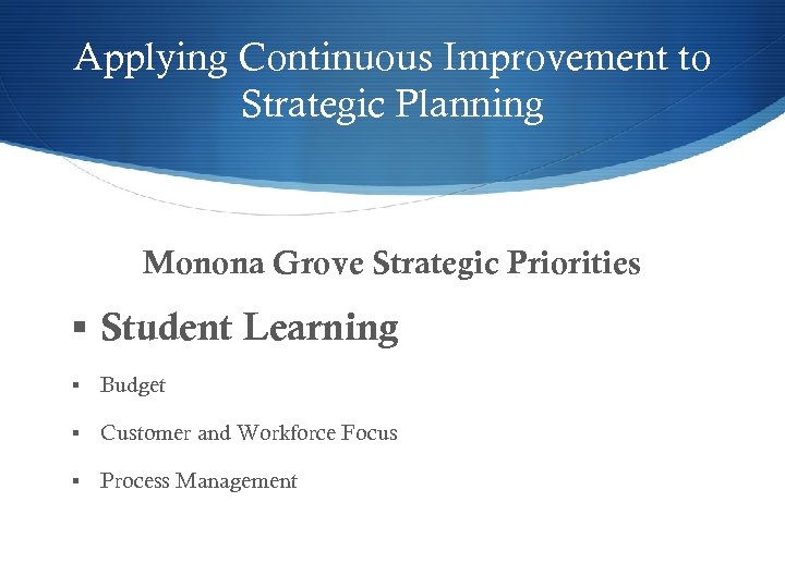 Applying Continuous Improvement to Strategic Planning Monona Grove Strategic Priorities § Student Learning §