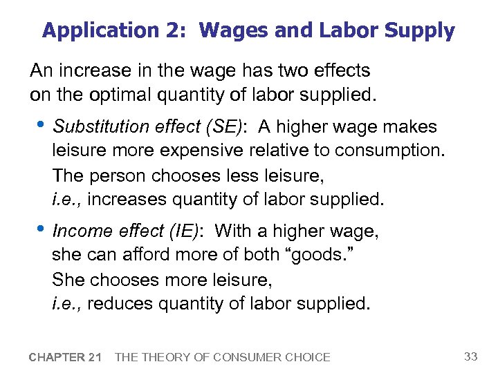 Application 2: Wages and Labor Supply An increase in the wage has two effects