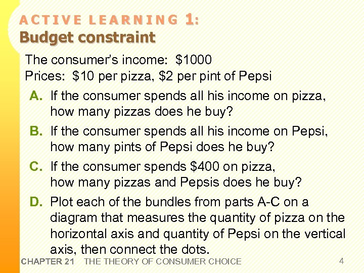 ACTIVE LEARNING Budget constraint 1: The consumer’s income: $1000 Prices: $10 per pizza, $2