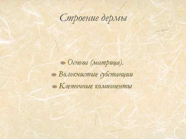 Строение дермы Основа (матрица). Волокнистые субстанции Клеточные компоненты 