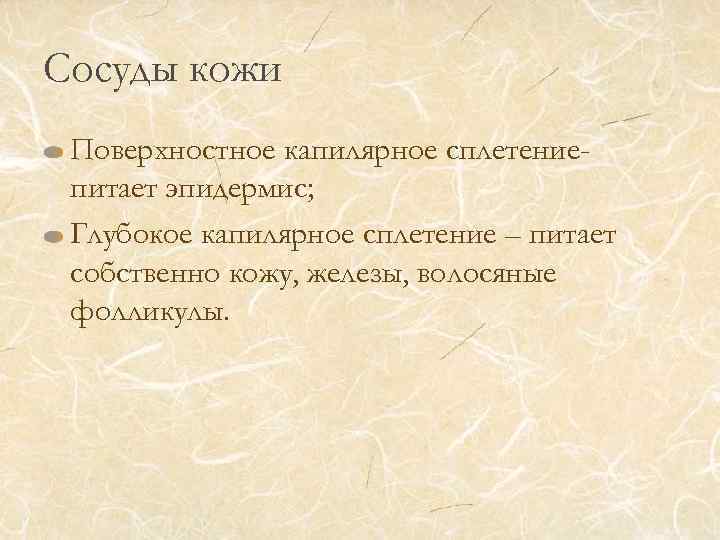 Сосуды кожи Поверхностное капилярное сплетениепитает эпидермис; Глубокое капилярное сплетение – питает собственно кожу, железы,