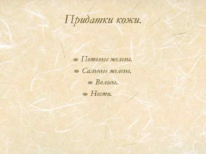 Придатки кожи. Потовые железы. Сальные железы. Волосы. Ногти. 
