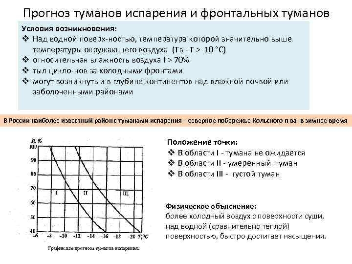 Прогноз туманов испарения и фронтальных туманов Условия возникновения: v Над водной поверх ностью, температура