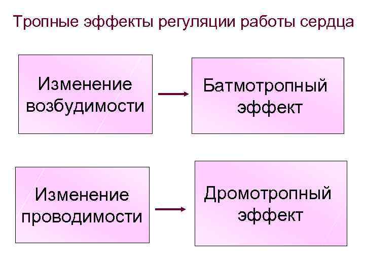 Тропные эффекты регуляции работы сердца Изменение возбудимости Батмотропный эффект Изменение проводимости Дромотропный эффект 