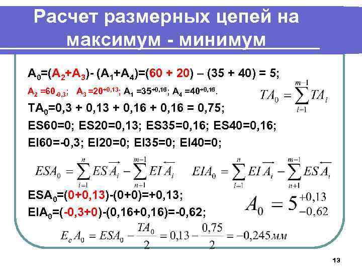 Расчет размерных цепей на максимум - минимум A 0=(A 2+A 3)- (A 1+A 4)=(60