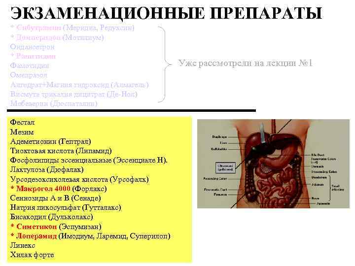 ЭКЗАМЕНАЦИОННЫЕ ПРЕПАРАТЫ * Сибутрамин (Меридиа, Редуксин) * Домперидон (Мотилиум) Ондансетрон * Ранитидин Фамотидин Омепразол