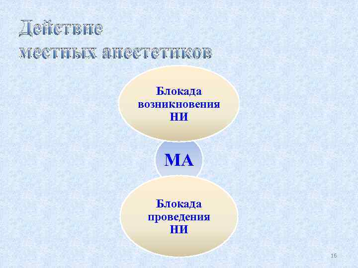 Действие местных анестетиков Блокада возникновения НИ МА Блокада проведения НИ 16 