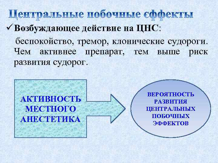 ü Возбуждающее действие на ЦНС: беспокойство, тремор, клонические судороги. Чем активнее препарат, тем выше