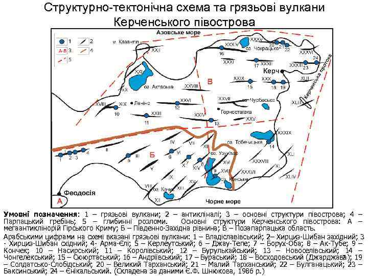 Структурно-тектонічна схема та грязьові вулкани Керченського півострова Умовні позначення: 1 – грязьові вулкани; 2