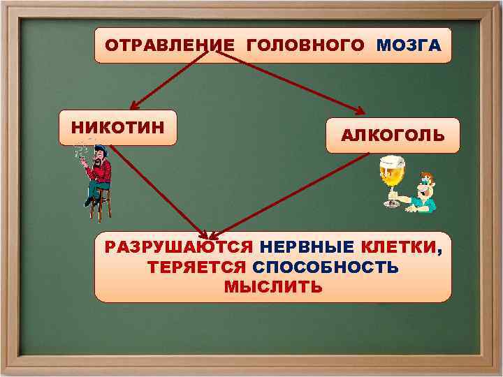 ОТРАВЛЕНИЕ ГОЛОВНОГО МОЗГА НИКОТИН АЛКОГОЛЬ РАЗРУШАЮТСЯ НЕРВНЫЕ КЛЕТКИ, ТЕРЯЕТСЯ СПОСОБНОСТЬ МЫСЛИТЬ 