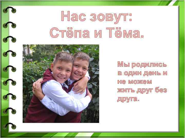 Нас зовут: Стёпа и Тёма. Мы родились в один день и не можем жить