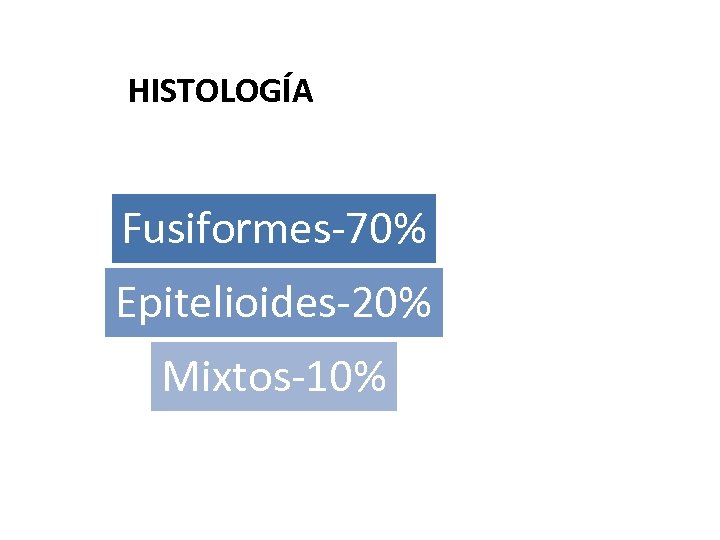 HISTOLOGÍA Fusiformes-70% Epitelioides-20% Mixtos-10% 