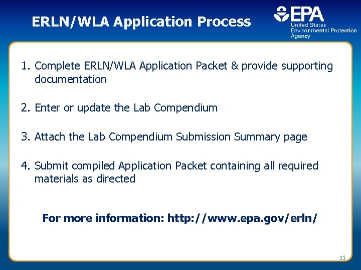 ERLN/WLA Application Process 1. Complete ERLN/WLA Application Packet & provide supporting documentation 2. Enter