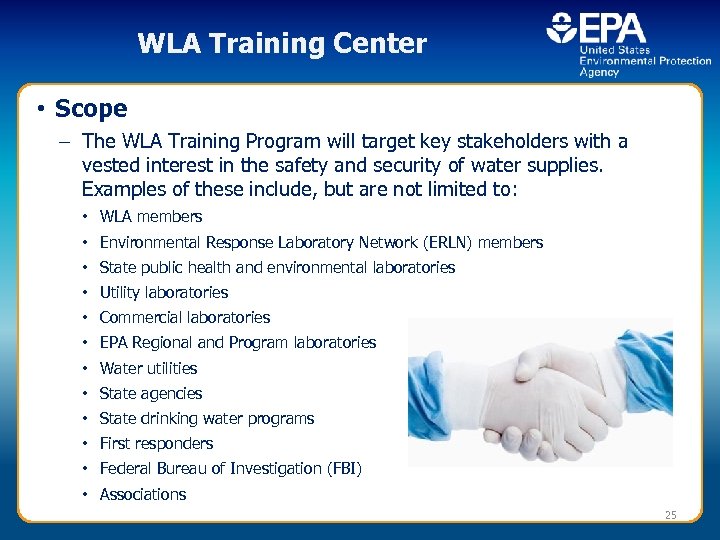 WLA Training Center • Scope – The WLA Training Program will target key stakeholders